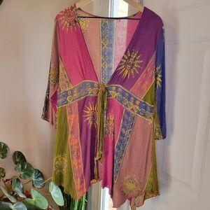 Soft Surroundings Open Tie Front Izmir Print Bohemian Cardigan Top, Size L